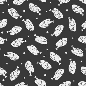 Vector seamless repeat pattern with white silhouette baked birds on dark background