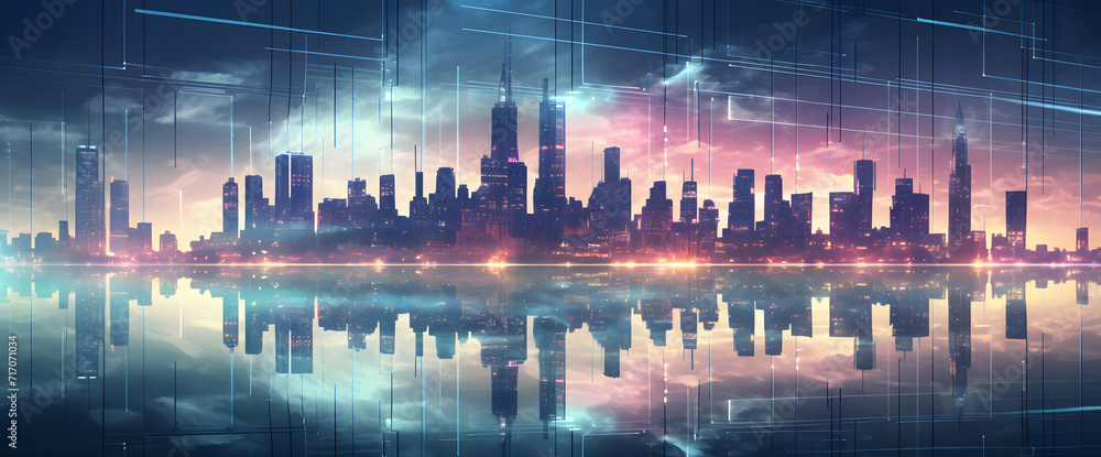 Poster smart city concept with abstract dots connected by colorful lines. illustrating big data connection 