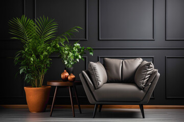 Unwind in sophistication on a dark color single sofa chair paired with a charming little plant, against a refined solid wall hosting a blank empty frame for your creative expressions.
