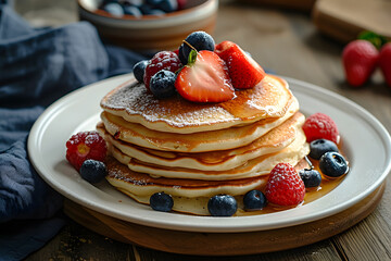 Tall stack of warm pancakes for breakfast with strawberries, blueberries and syrup on white plate