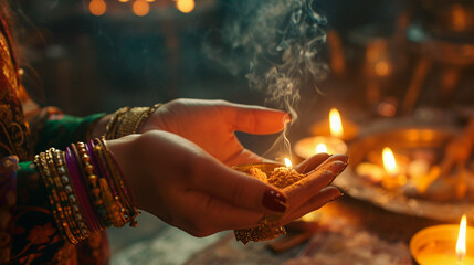 Fortune teller tells fortunes with candles and smoke. Selective focus.