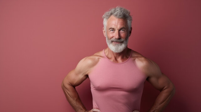 Look at this. Smiling middle aged muscular man in t shirt showing his biceps, while posing in studio over grey background.
