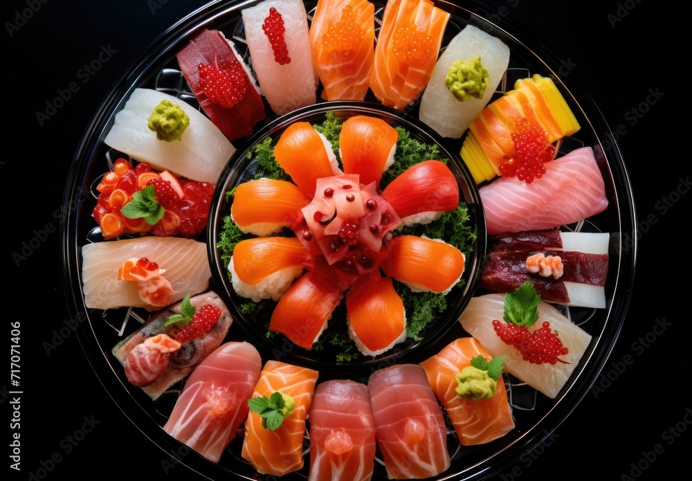 Poster a plate of sushi with different types of fish. generative ai.