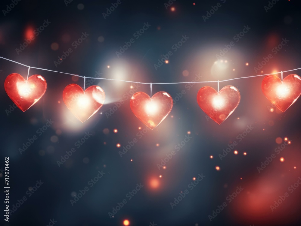 Poster red hearts hanging on a string with lights. generative ai.