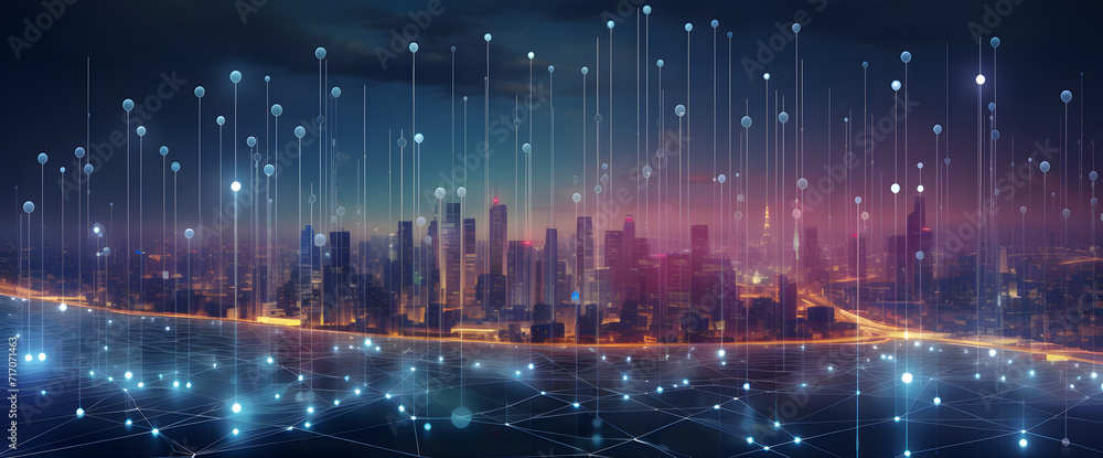 Poster smart city concept with abstract dots connected by colorful lines. illustrating big data connection 