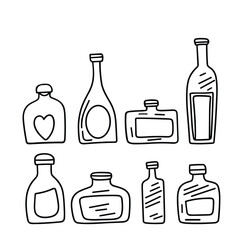 Collection doodle bottles isolated on white background. Outline bottles. Hand drawn vector art.