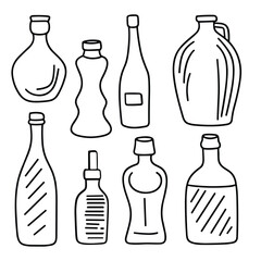 Collection doodle bottles isolated on white background. Outline bottles. Hand drawn vector art.