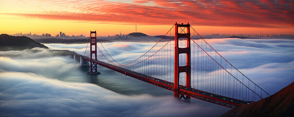 Obraz premium Like Golden Gate Bridge and Bay area in California, mist underneath bridge.banner