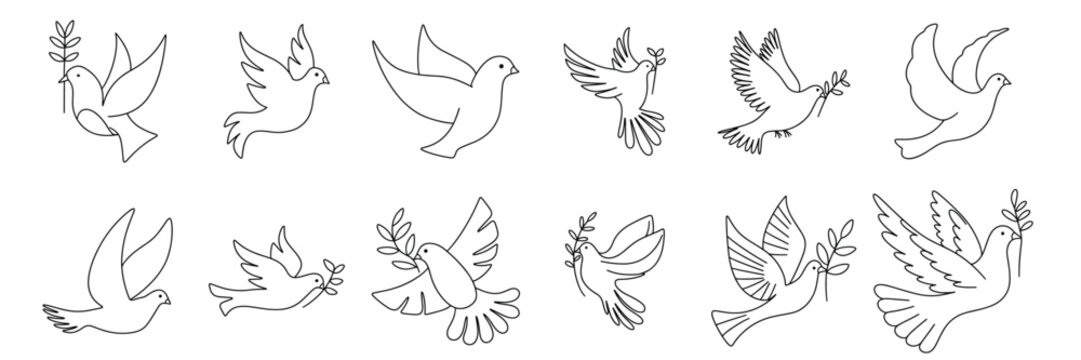 Collection doodle doves isolated on white background. Outline dove. Hand drawn vector art.