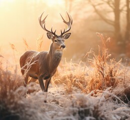 A deer is standing in a field with the sun shining. Generative AI.