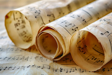 Rolled sheets with music notes on light background, close up. - obrazy, fototapety, plakaty
