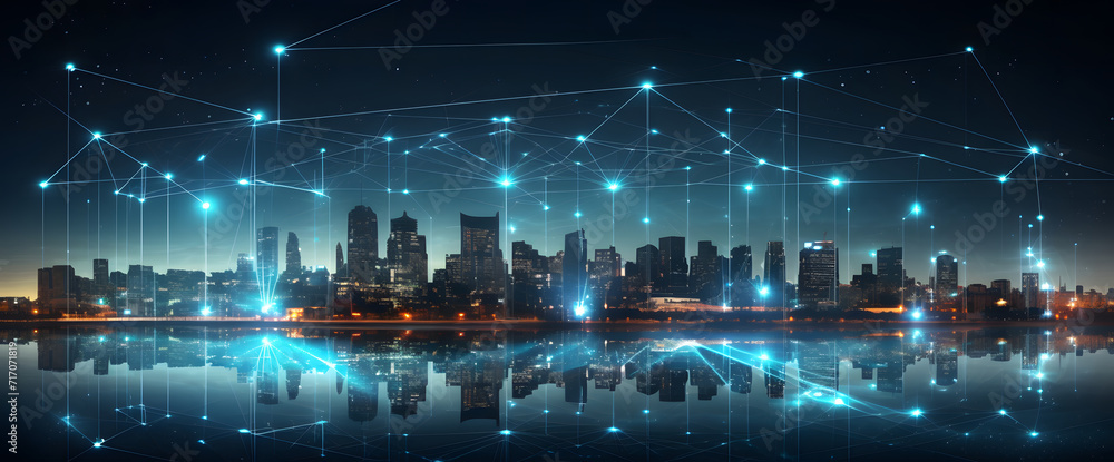Poster smart city concept with abstract dots connected by colorful lines. illustrating big data connection 