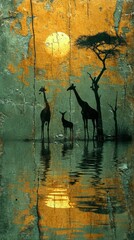 An African Serengeti safari at dawn themed liquid abstract 3D extrusion, with golden yellows, greens, and the majesty of the wildlife.