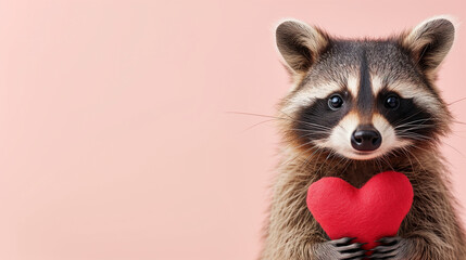 Cute raccoon holding red heart on color background, closeup