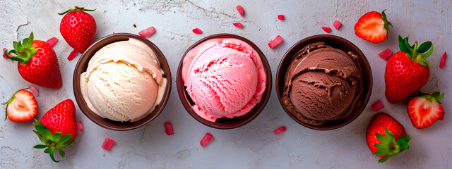 strawberry vanilla chocolate ice cream. Selective focus.