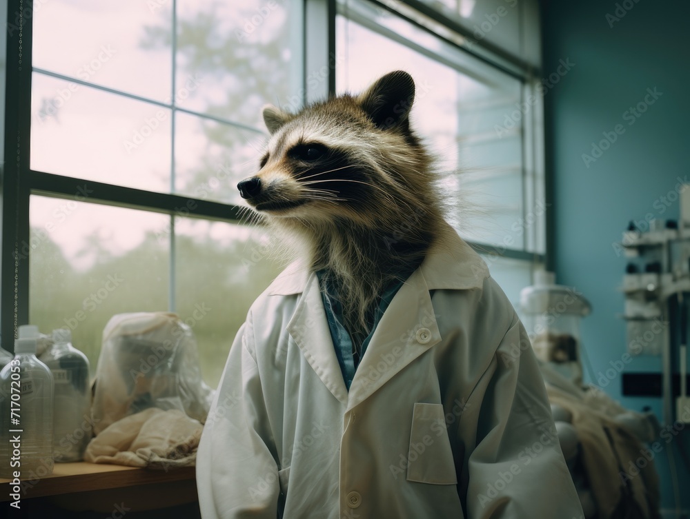 Poster a raccoon in a lab coat standing in front of a window. generative ai.