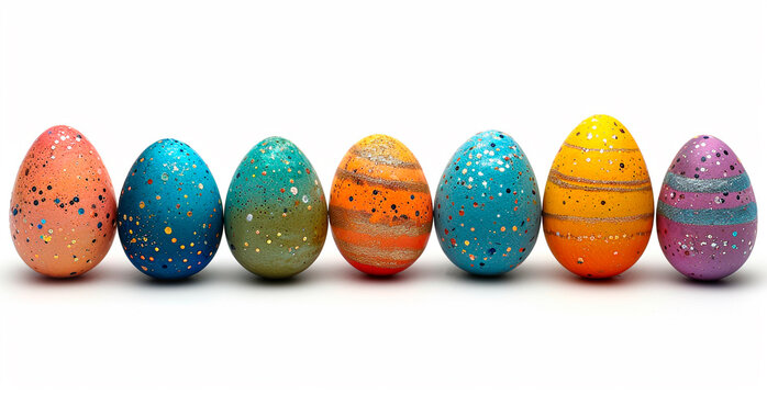 A scattering of Easter eggs on a white background, the sacred holiday of Easter - AI generated image