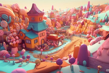 Imaginative cartoon world filled with sugary gingerbread homes and colorful candies. Generative AI - obrazy, fototapety, plakaty