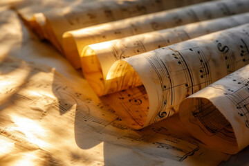 Rolled sheets with music notes on light background, close up.
