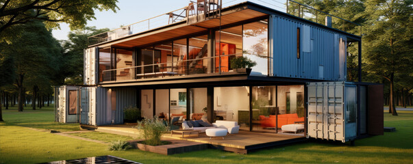 Modern house made from shipping containers - obrazy, fototapety, plakaty