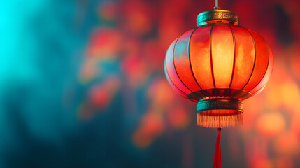 Fototapeta premium Chinese New Year seasonal social media background design with blank space for text. Cute red glowing Chinese lantern on blurred vivid background.