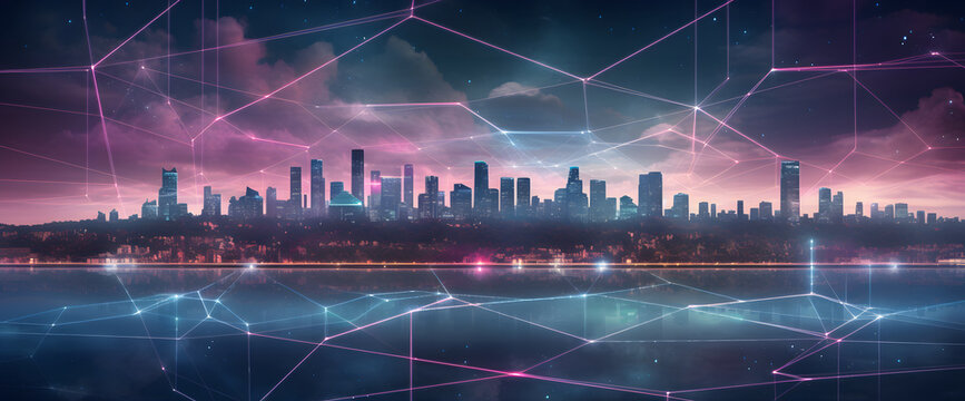 Smart city concept with abstract dots connected by colorful lines. Illustrating big data connection technology and an elegant futuristic cityscape.