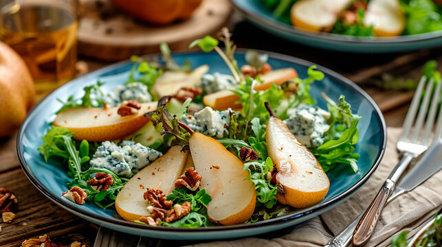 salad with dorblu cheese and pear. Selective focus.