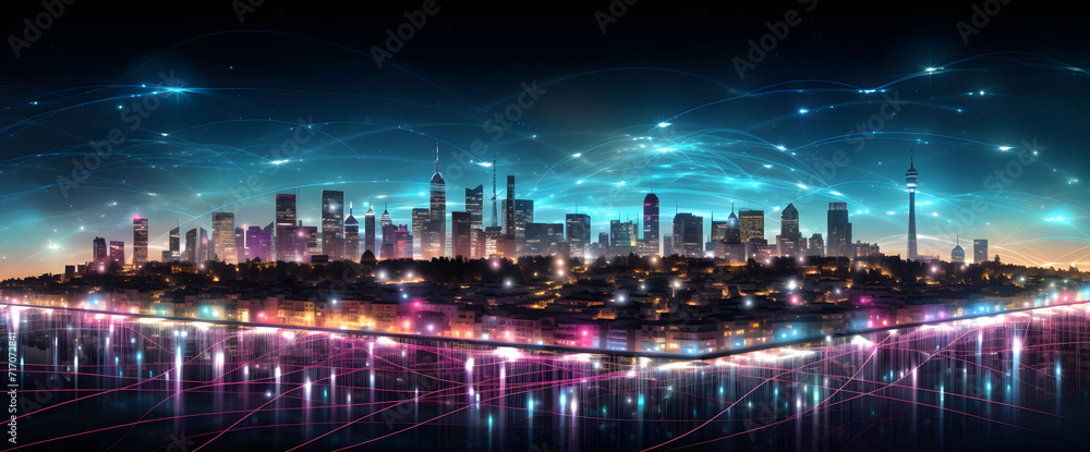 Poster smart city concept with abstract dots connected by colorful lines. illustrating big data connection 
