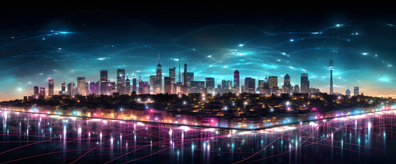 Obraz premium Smart city concept with abstract dots connected by colorful lines. Illustrating big data connection technology and an elegant futuristic cityscape.