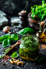 Pesto sauce in a jar on the table. Selective focus.