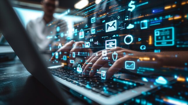 A person typing on a keyboard, programming and coding, digital panel, online data analysis, software source code, connection to the world Wide web, site setup, hacking, business, programmer's job
