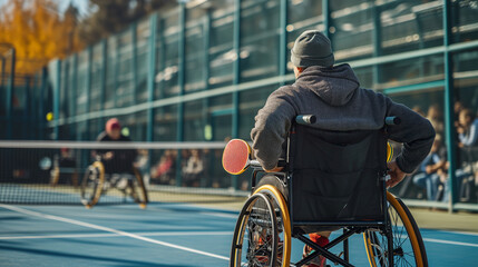 Athlete in a wheelchair playing Pickleball on an outdoor court, focusing on the game
