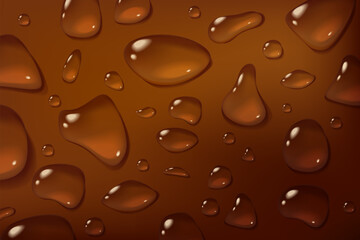 Cola drops abstract background. Brown condensate on glass in close up.