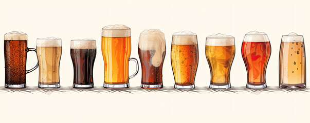 Beer glasses in various shape on white background. Wide banner