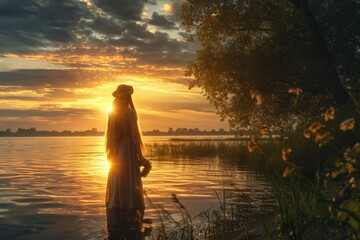 Art happy fantasy woman standing praying by river bank water sun light green tree girl raised hand to dramatic sky holding herbal wreath enjoy nature back rear view