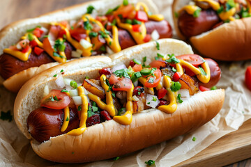 Delicious american hot dogs - obrazy, fototapety, plakaty