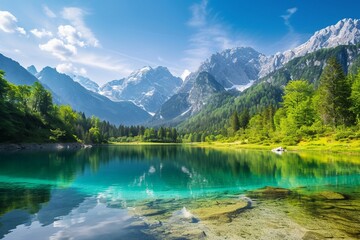 Colorful summer view of Fusine lake. Bright morning scene of Julian Alps with Mangart peak on background, Province of Udine, Italy, Europe. Traveling concept background