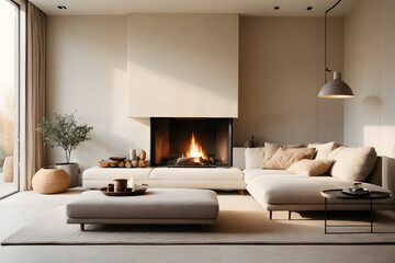 Scandinavian style minimalist house interior with modern large living room, light walls, armchair and fireplace
