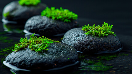 Stones covered with moss on a black background. Selective focus.