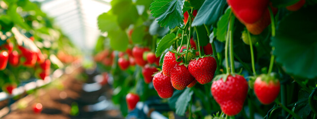 A lot of strawberries on the branches in the greenhouse. Selective focus. - obrazy, fototapety, plakaty
