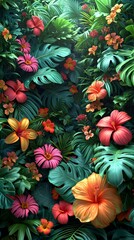 Obraz na płótnie Canvas An Amazon rainforest themed liquid abstract 3D extrusion, with lush greens, vibrant flowers, and the richness of tropical life.