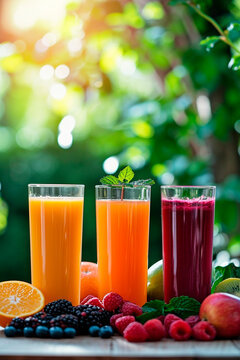 Three glasses with different juices. Selective focus.