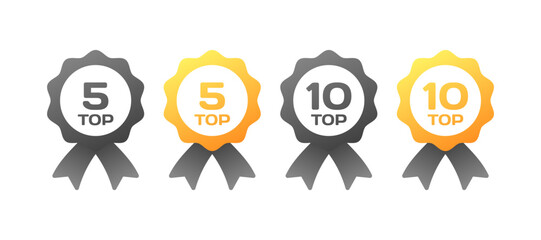 Award badge icon set. Top 5 and top 10 medal. Flat style. Vector icons