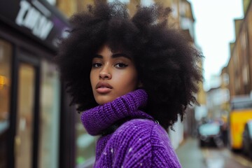 black young attractive woman model wearing a purple outfit with large black Afro hair out on london street, coiffure, coiffure femme - obrazy, fototapety, plakaty