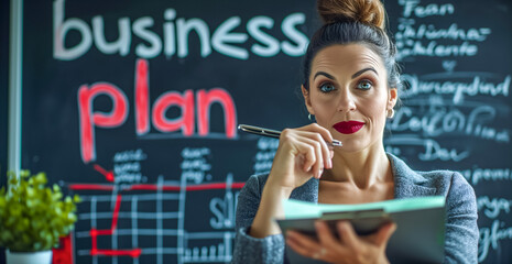 business, finances, economics and technology.  Businesswoman drawing business plan on board. Business concept. Business sketches on the office wall