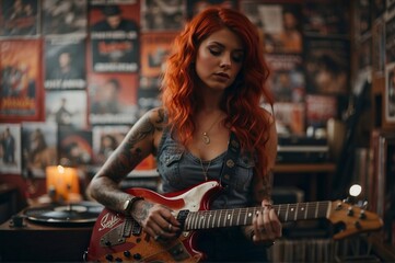 a beautiful woman is playing electric guitar in a room full of posters and a collection of vinyl records, tattooed woman generative AI	
