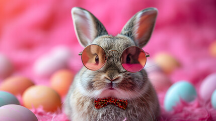 Funny Easter bunny with red bow tie and sunglasses on pink background with colorful easter eggs.