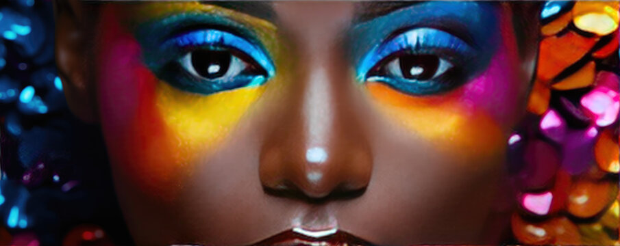 Beauty Africian Girl Face with Colorful make up. Fashion model woman in colorful bright lights
