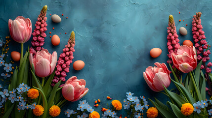 Fototapeta na wymiar Spring flowers and easter eggs on blue background. Spring holidays concept with copy space. Top view. Happy Easter greeting Card.