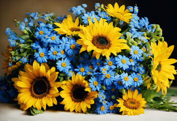 Bouquet of yellow sunflowers and blue chrysanthemums